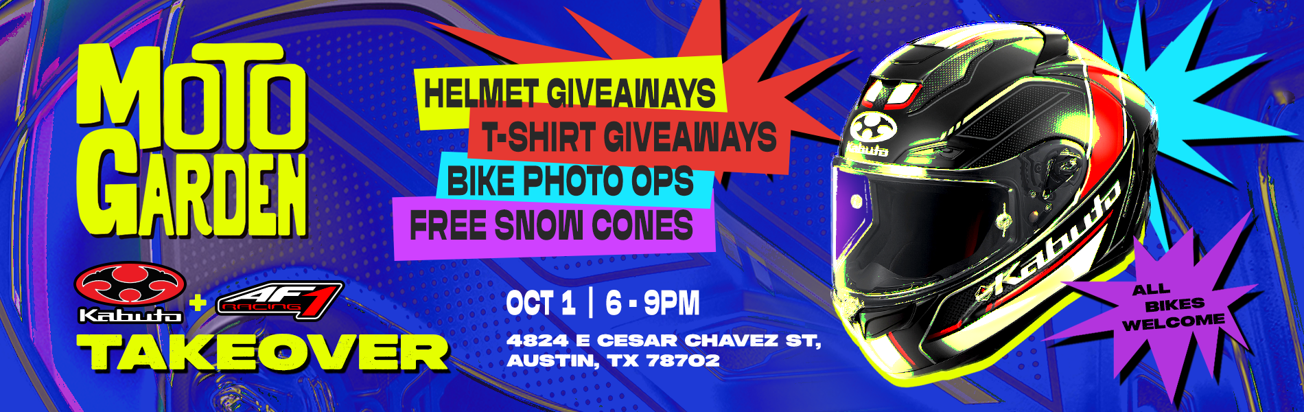 Moto Garden | Kabuto + AF1 Racing Takeover | Helmet, T-shirt, Swag Giveaways